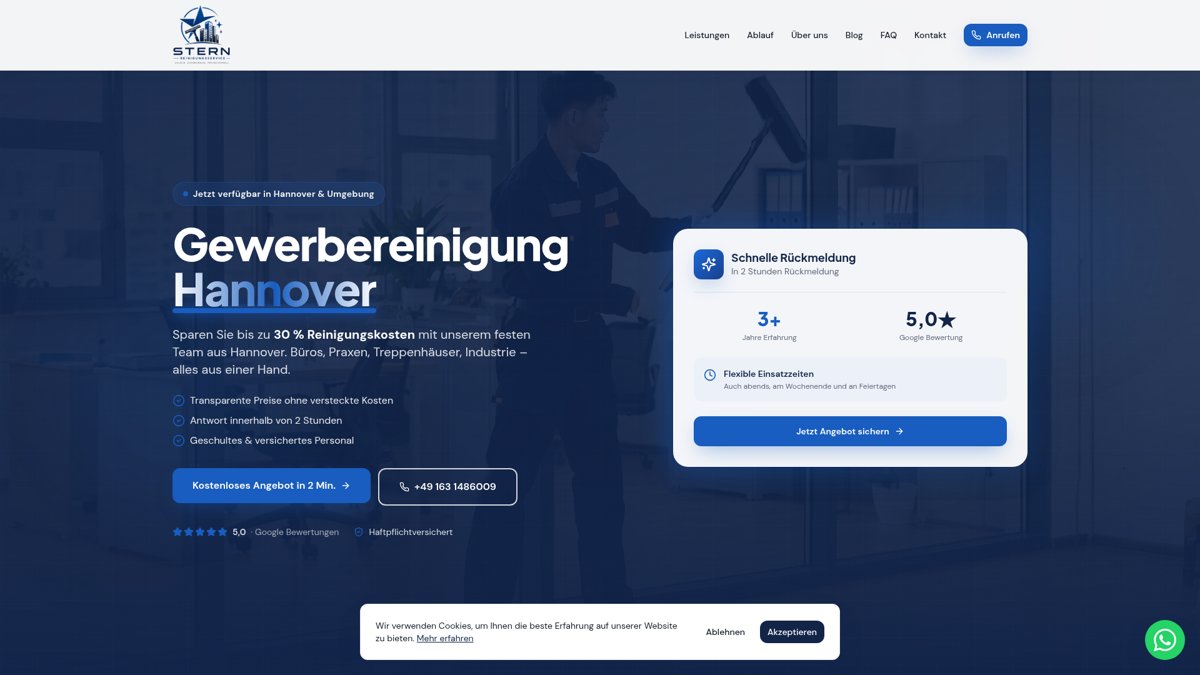 Startseite von Stern Reinigungsservice Hannover mit Angebot für Gewerbereinigung